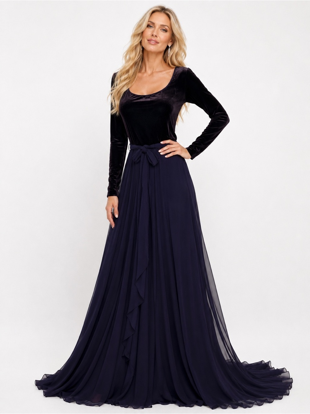 Dana Buchman Size 12 NWT Velvet Bodice Long Sleeve Tie Waist Evening Gown